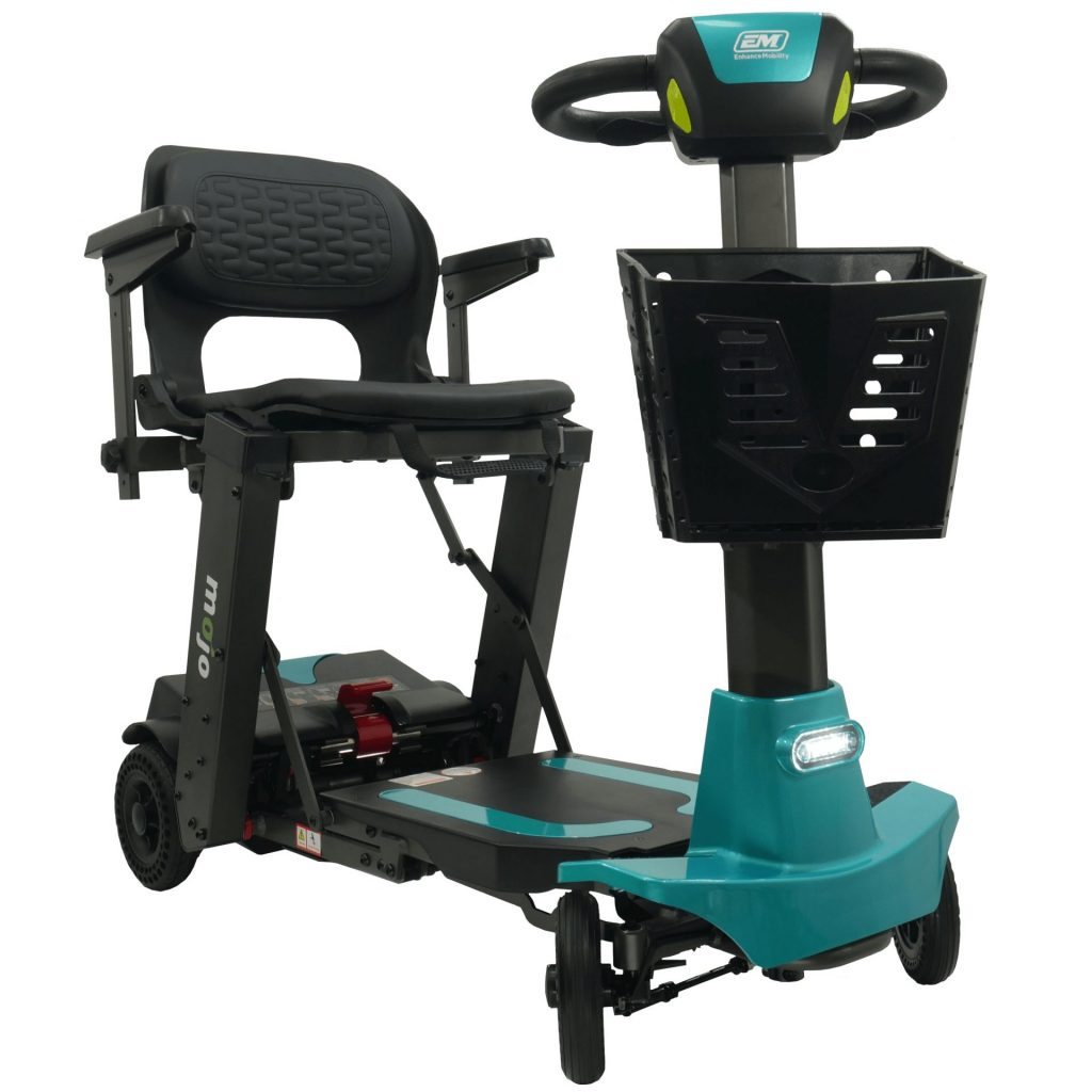 Aqua Color of Enhance Mobility Mojo Heavy Duty Auto-Folding Mobility Scooter