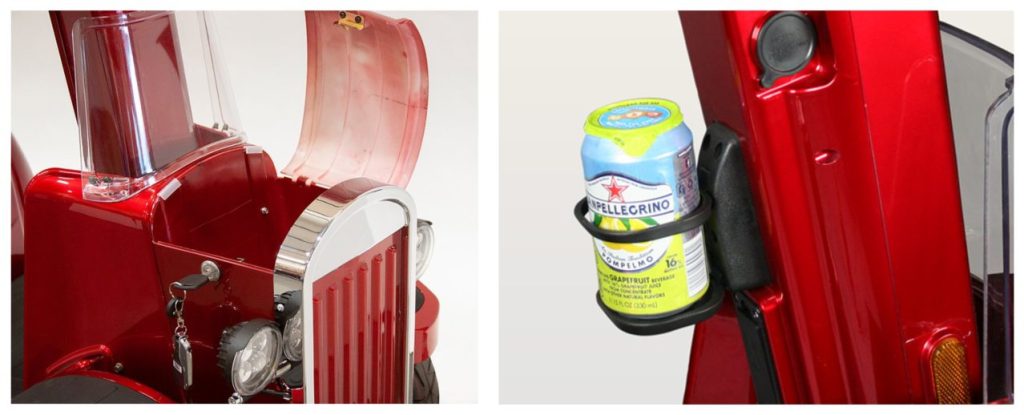 Gatsby mobility scooter lockable storage compartment and integrated fold-down beverage caddy