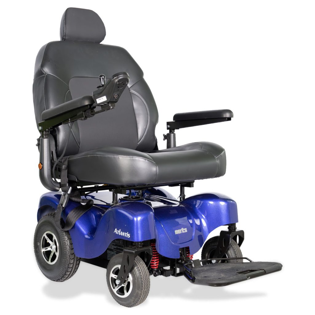 Front side view of the Merits Atlantis wheelchair in vibrant blue color, highlighting its design and features