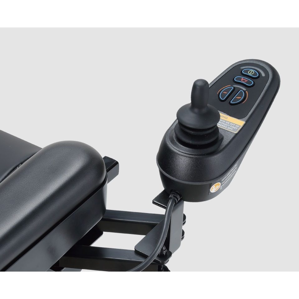 Joystick and armrest control on a Merits Regal power wheelchair, available as a left-hand swing-away mount