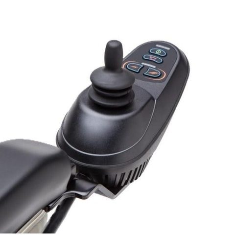 Close-up of a Merits power wheelchair joystick, the same control unit whether it is mounted on the left or right armrest