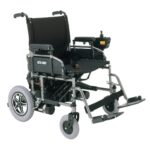 Front side view of the Merits Travel Ease P182 wheelchair, showcasing its ergonomic design, lightweight build, and user-friendly functionality.