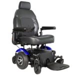 Front side view of the Merits Vision Super wheelchair in striking blue color, highlighting its sleek design, comfort ...