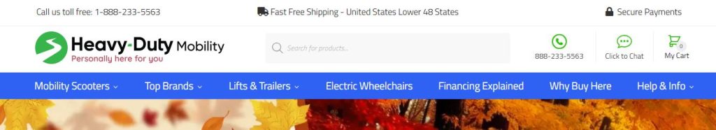 Heavy Duty Mobility home page menu options
