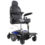 Front side view of the Merits Vision Sport wheelchair with its seat elevated, showcasing its height-adjustment featur...