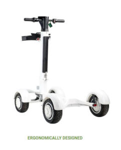 Back view of a white, ergonomically designed electric golf scooter with four wheels, showcasing its sleek design and ...