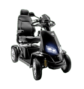 Black four-wheeled mobility scooter with a comfortable seat and headlights.