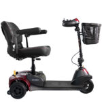 Side view of the Merits Roadster 3 mobility scooter in red with armrests and front basket