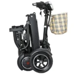 Bangeran Dragon Mobile EX scooter folded for easy storage, compact design with a plaid storage bag.