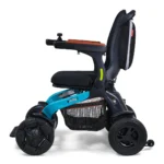 side profile of the Golden Ally Pro GP304 showing its blue frame, cushioned seat, and mix of standard and omnidirectional wheels.
