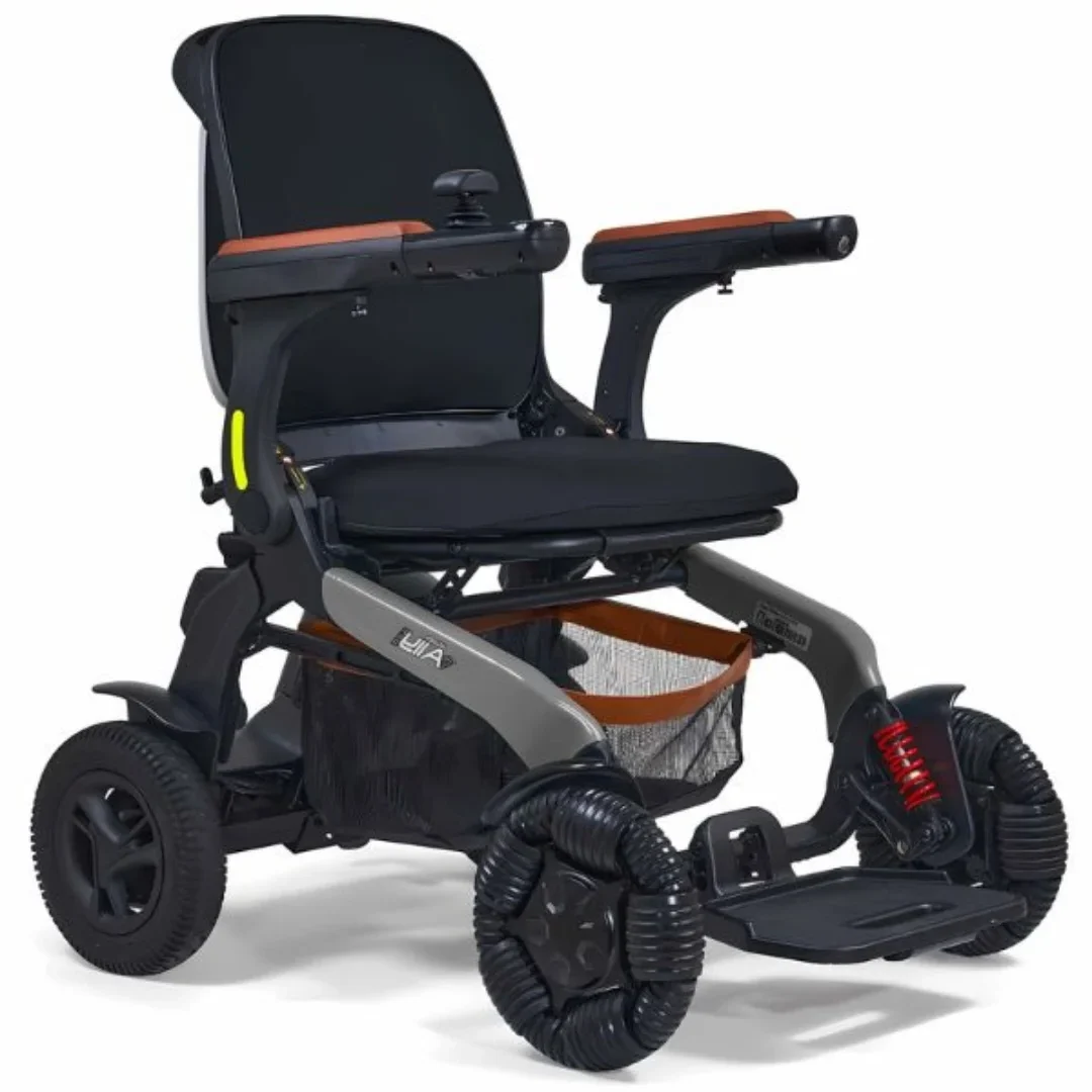 Golden Ally Pro GP304 displaying its gray frame, armrests, front suspension, and unique wheel design.