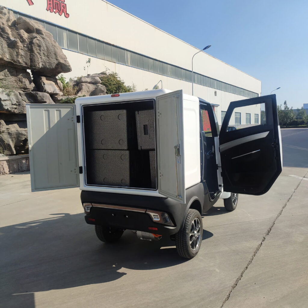 Green Transporter Electric Delivery Cargo Mini Truck side and back doors opened