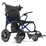 Forcemech Ultralite G10 Lightweight Folding Electric Wheelchair in blue shown from the side with large wheels and a s...