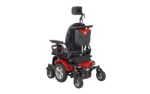 Merits Vector HD P323 power wheelchair rear three quarter view showing backpack storage