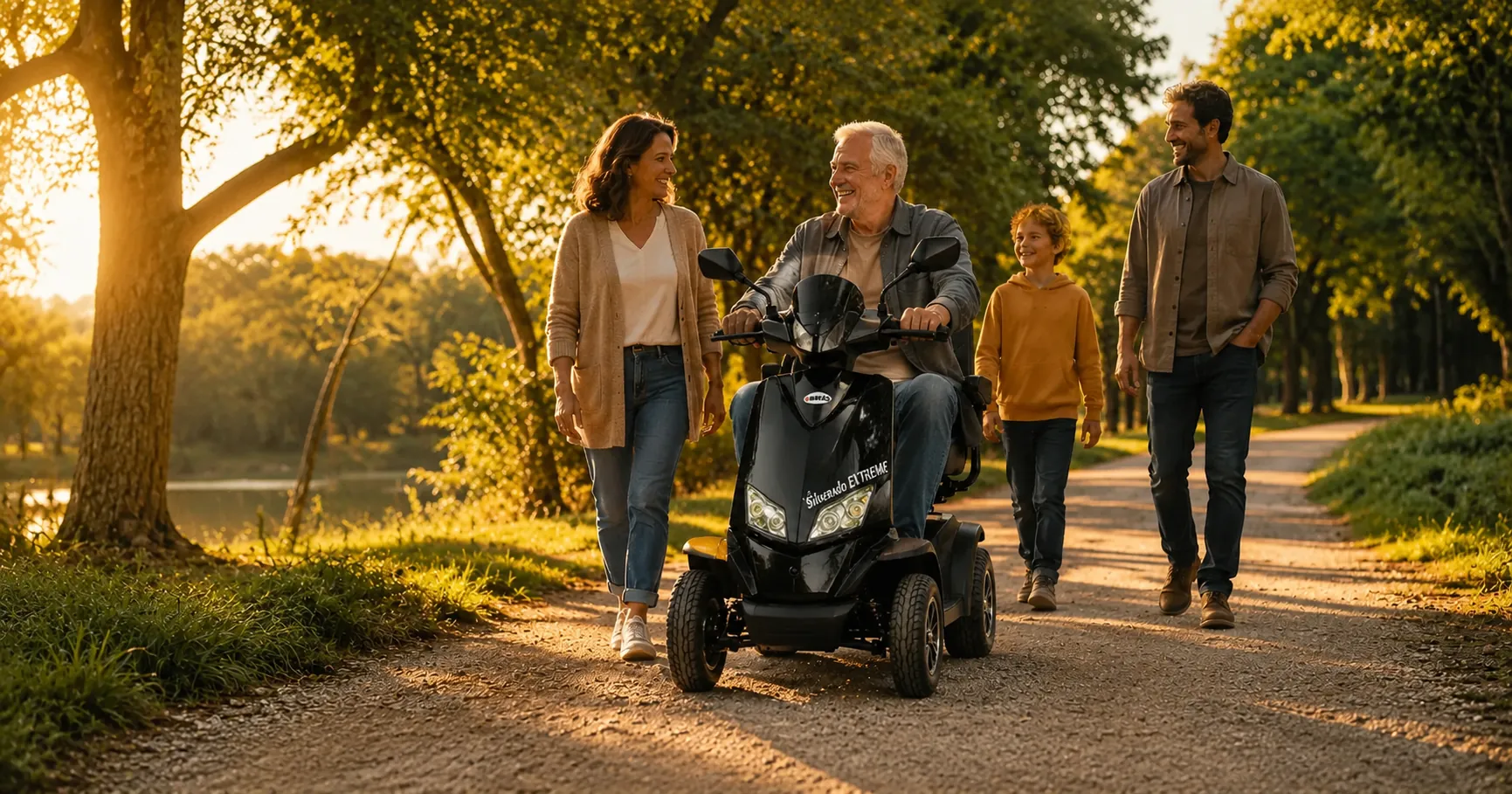 Older adult riding a Merits Silverado Extreme mobility scooter on a tree lined trail at golden hour with family walking alongside